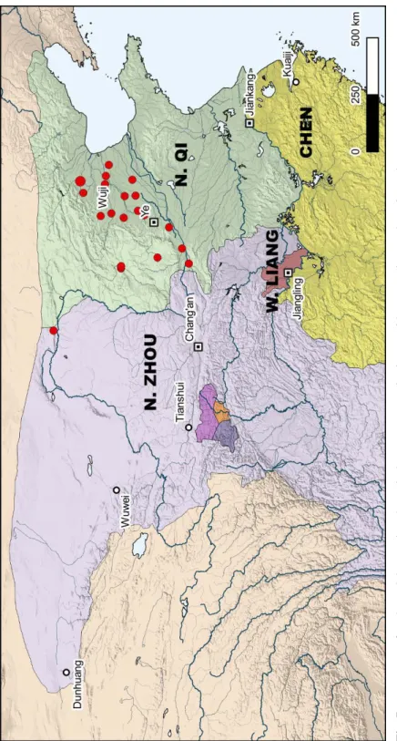 Fig. 7 Hometowns of mathematicians and mathematical astronomers active in Ye, 534–577CE (largest dot = 3 people)