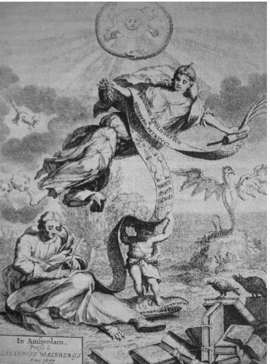 Figure 6. Kircher depicted as a new Hermes Trismegistus, surrounded by symbols and marvels ; in Gioseﬀo Petrucci, Prodomo apologetico alli studi Chircheriani, 1677, frontispiece