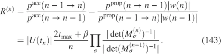 FIG. 8 (color online). Illustration of the CTQMC method. Top panel: Example of a sixth-order diagram appearing in the  weak-coupling expansion