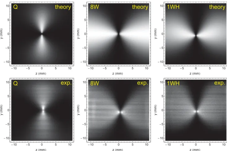 Figure 3. Two-dimensional ﬂuorescence distributions induced by circularly polarized laser light in the three inhomogeneous ﬁeld
