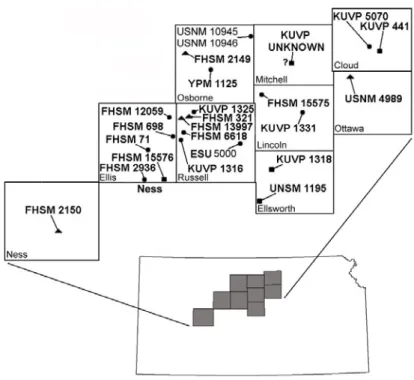 FIGURE 1. Approximate locations of plesiosaur specimens discussed in this report from central Kansas