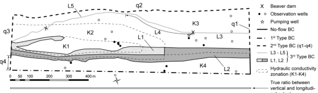 Fig. 3.5. Spatial definition of the boundary conditions (BCs) and the hydraulic conductivity  zonation within the modeling domain