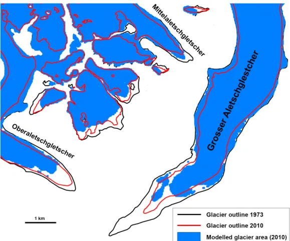 Figure 4 Validation of the glacier retreat model for the termini of the largest glaciers  in the Rhone catchment