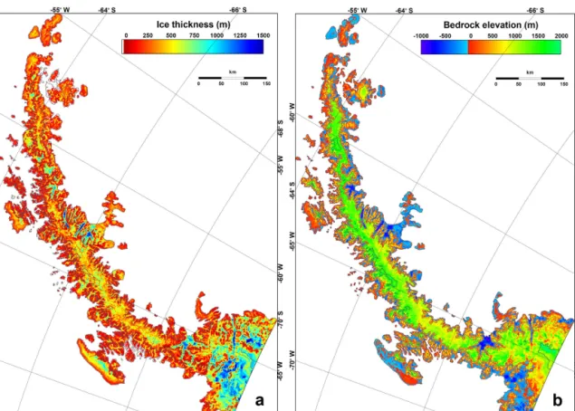 Figure 8. Inferred (a) ice thickness distribution and (b) bedrock elevation of the Antarctic Peninsula.