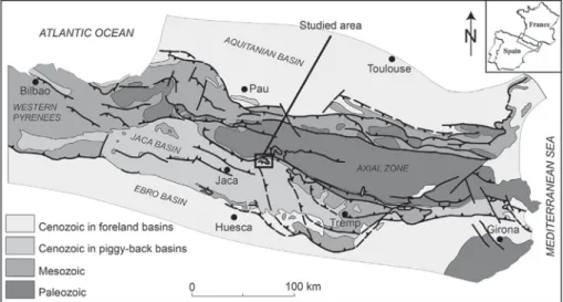 Figure 1. Structural map of the Pyrenees with the location of study area (modiﬁed from Teixell, 2000).