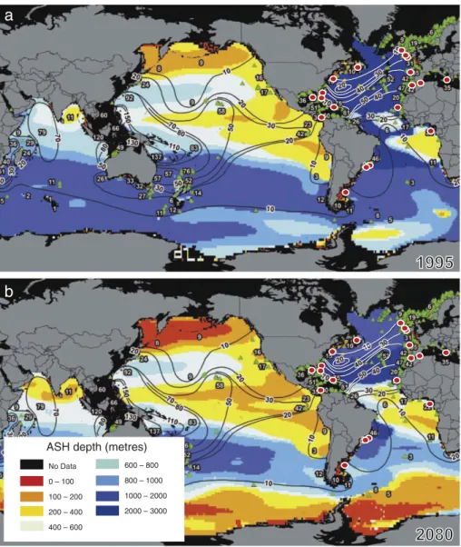 Fig. 6. a) The distribution of cold-water coral mound provinces identiﬁed so far in the modern ocean is plotted on a background of aragonite saturation horizon (ASH) depth (modiﬁed after Guinotte et al., 2006)