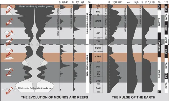 Fig. 4. The evolution of Phanerozoic mound and reef ecosystems can be described in 3 + 4 acts, separated by the Permian–Triassic Reef Eclipse