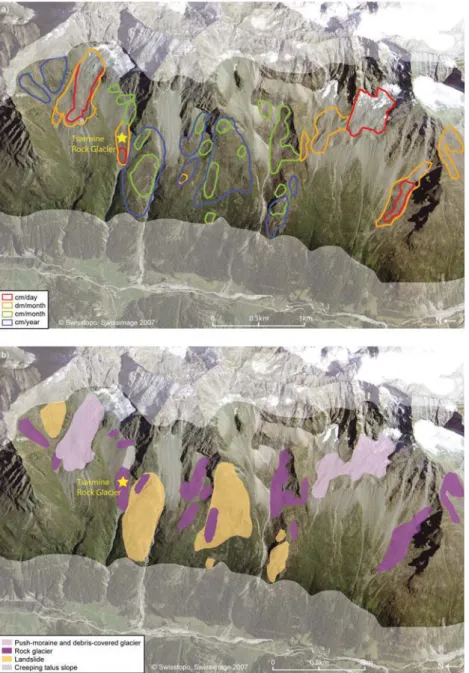 Figure 9. Moving landforms are often juxtaposed, when not superimposed and compose a ‘ complex slope systems ’ , as illustrated by the orographic right side of the Arolla Valley, where moving features, including push-moraines, rock glaciers, landslides and