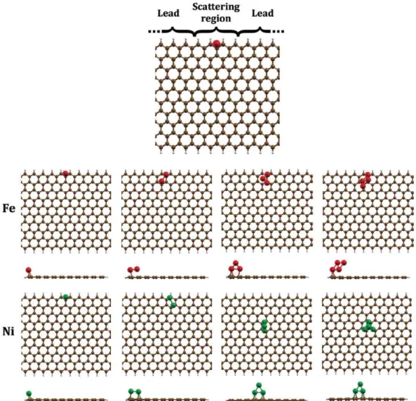 Figure 1.   Schematic representations of the system used for electronic transport calculations (upper panel), and of the locations of the relaxed  Fe n  and Ni n  adstructures (n  = 1−4) on the hydrogen-passivated 10-ZGNR (lower panels, with lateral views 
