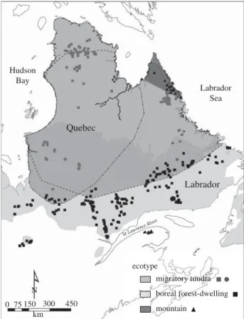 Figure 1. Map of genetic sample locations of caribou in Que´bec and Labra- Labra-dor, eastern Canada