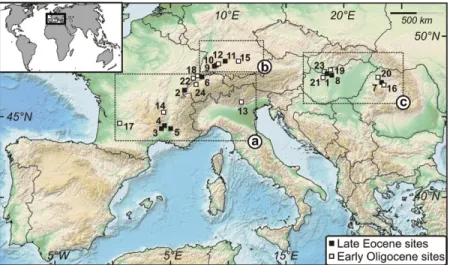 Figure 1. Study fossil sites in Europe. 1—Csordakút; 2—