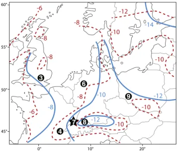 Figure 6. Modern (red dashed lines) and past (blue solid lines; 52–24 ka) geographic pat- pat-terns of oxygen isotopic composition of precipitations according to Arppe and Karhu (2010), with new data (black star, number 7) averaging −10‰ for the dolines of