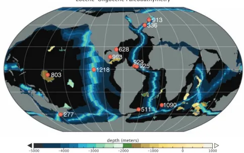 Fig. 1. Paleolocations of DSDP and ODP sites used in this study, superimposed on a map of reconstructed E-O bathymetry and geography (18).