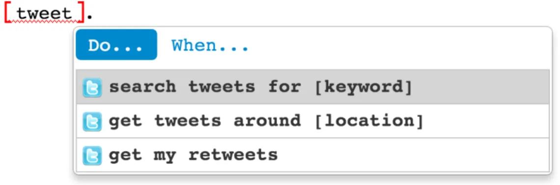 Figure 3.6. Typing “tweet” results in the autocomplete list showing the labels associated with the Twitter API.