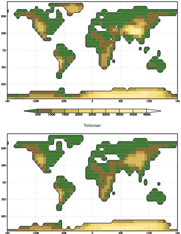 FIGURE 1. The land-sea distribution and orographic height [m] of the present-day experiments (top), and the Torto- Torto-nian experiments (bottom).