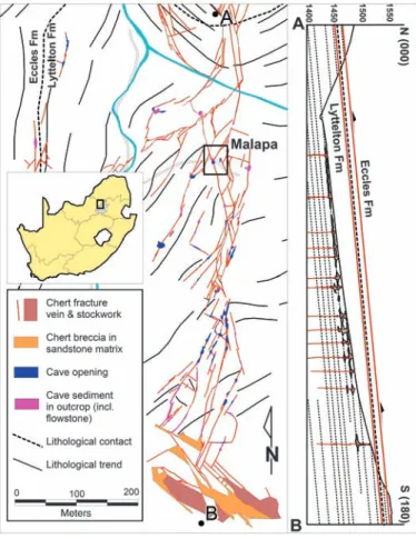 Fig. 1. Location of the Malapa site in the valley of the Grootvleispruit, showing the principal geological controls on cave formation