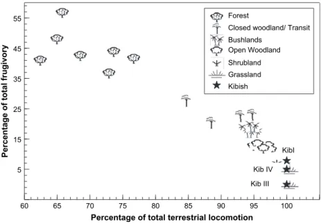 Fig. 6. A bivariate plot showing the relation between percentage of total terrestrial mammals and total frugivorous mammals from modern communities sampling varying veg- veg-etation types, including faunal samples from Kibish.