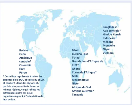 Graphique 2.2. Les 37 pays et régions prioritaires de la Suisse selon le  Message 2013-2016 Albanie  Bosnie-Herzégovine  Kosovo  Macédoine  Moldavie  Ukraine  Serbie  Caucase du Sud* Égypte  Afrique du  Nord*  Cisjordanie et  Bande de Gaza   Tunisie Bolivi