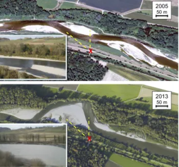 Figure 5. Recent erosion: trouble brewing? Starting with the floods of 2010/2011 excessive erosion began in the area pointed out by the yellow dashed lines (river flow is from right to left)