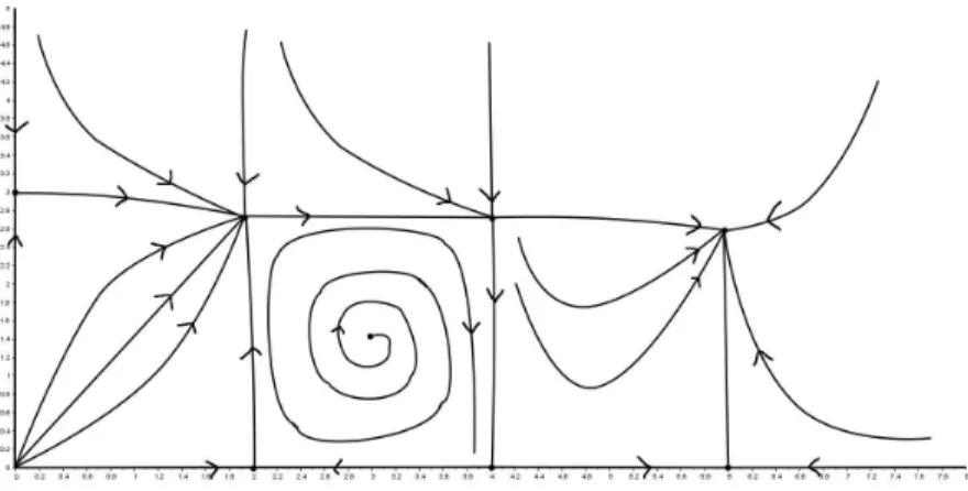 Figure 2.3: Phase portrait of a non-permanent system whose small random perturbations are persistent