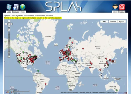 Figure 3.10 – Geolocalized world visualization of splayds running on PlanetLab.