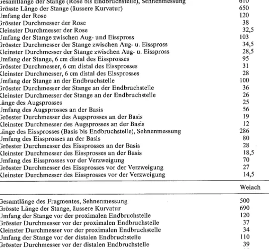 Tabelle 3  Vermessung der Geweihstangen von Feldbach und Weiach (in mm) Table 3  Measurements of the antlers from Feldbach and Weiach (in mm)