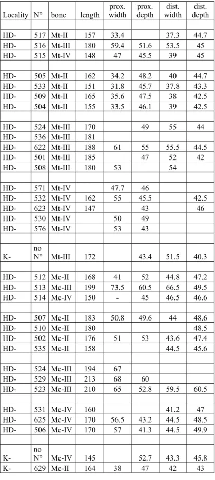 Table 6: measurements of metapodials 