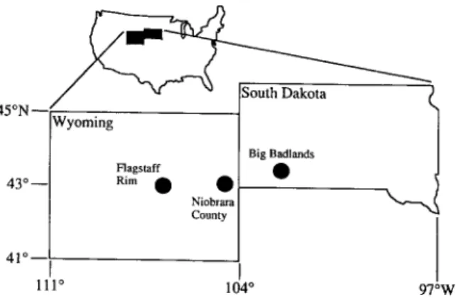Fig. 3.  White  River  sample  localities.  The  Big  Badlands  and  Niobrara  County  localities  are  composites of several  different  sections located near  each  other and  intercorrelated