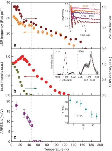 Figure 5 | Experimental parameters from all three techniques. (a) Muon rotation frequency and the magnetic volume fraction of the sample as a function of temperature taken from a ﬁt to a three Lorentzian model (see Methods section)