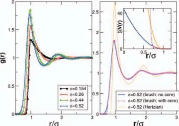FIG. 8. (Left) RY predictions for the g(r) at φ = 0.154, 0.26, 0.44, 0.52 for the brush model introduced in Ref
