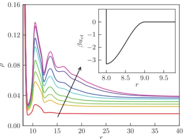 FIG. 5. Equilibrium density proﬁles at the surface of the tracer particle for B