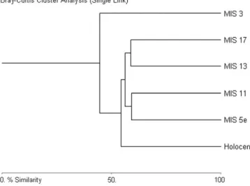Fig. 1. Bray–Curtis cluster analysis of British faunas from the Holocene, former inter- inter-glacials (MIS 5e, 11, 13 and, 17) and part of the Last Glacial (MIS 3).