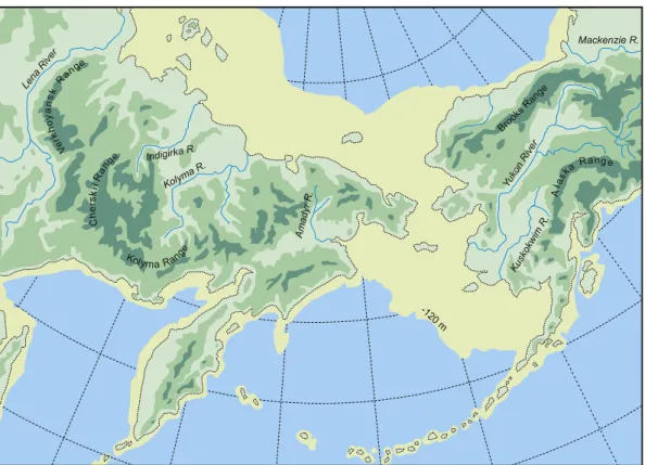 Fig. 1. Relief map of northeast Asia and northwest North America, showing proposed boundaries of Beringia (from the Lena River in the west to the Mackenzie River in the east) and the maximum extent of the Bering Land Bridge during the Last Glaciation (afte