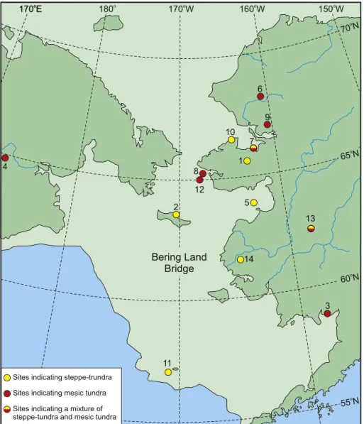 Fig. 2. Map showing fossil sites discussed in text, and the approximate margin of the Bering Land Bridge during the Last Glacial Maximum
