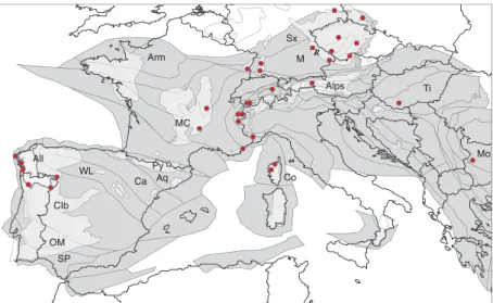 Fig. 1 Geographical distribution of durbachite – vaugnerite localities (red dots, con- con-sult references in Tab