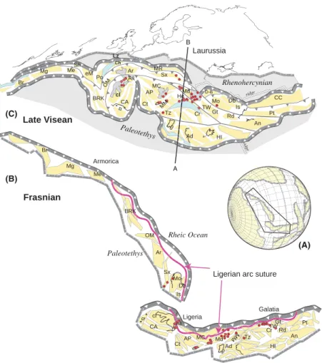 Fig. 2 Durbachites/Vaugnerites in the context of their Late Devonian to Carboniferous plate-tectonic environment