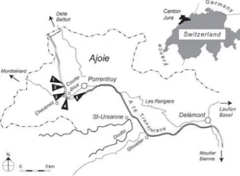 FIGURE 1. Map of the Ajoie Region, Canton Jura, Switzerland, with the excavation sites that yielded Tropidemys langii remains
