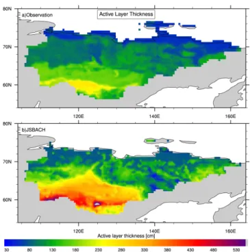Fig. 12. Difference of simulated and observed permafrost tempera- tempera-tures (map b−a from Fig