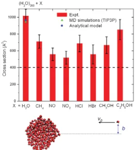 Figure 1. Top: Cross sections for pickup of vari- vari-ous molecules on water clusters with the mean size of 260