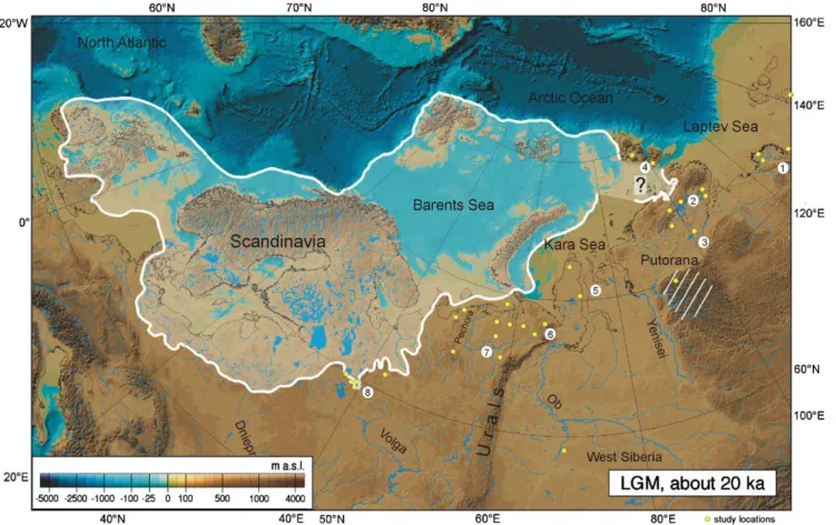 Fig. 1. Map showing the LGM Eurasian Ice Sheet according to Svendsen et al. (2004b), with the numberedworking areas describedin the text
