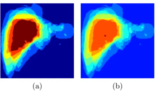 Fig. 2: (a) Probability distribution volume of the liver (coronal view). The darkest red region indicates a probability of 1 for a voxel to lie on the liver and the dark blue region indicates a probability of 0; (b) The centroid of the liver is the darkest