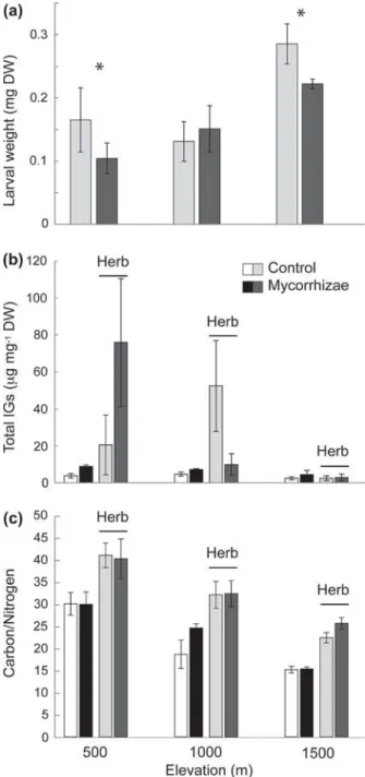 Figure 1. Elevation eﬀect on the levels of herbivory (measured   as the number of feeding holes per plant) on 13 P
