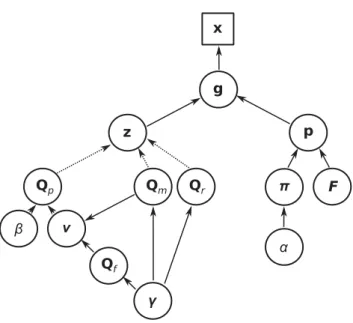 Figure 2: Model graph. Dotted lines denote alternative paths to model Q dependent on the family class of the sample (r, population reference; m, mother; p, progeny; f, father)