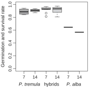 Figure 4: Germination and survival rates after seven and 14 days within open pollinated families