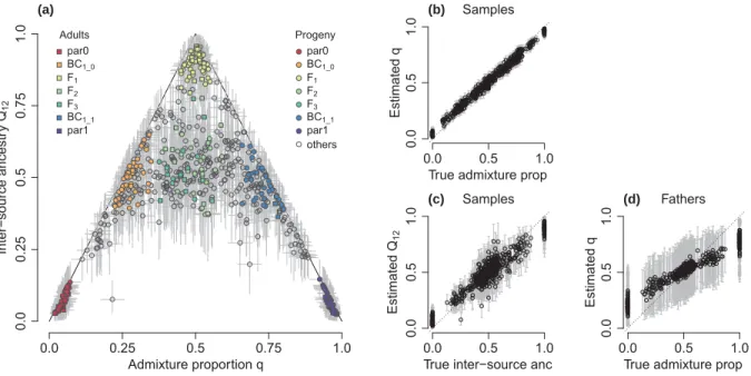Figure S5: Ancestry estimates for simulated data. The performance of the model and software is shown for sim7 (with F = 0.1 and coverage = 8)