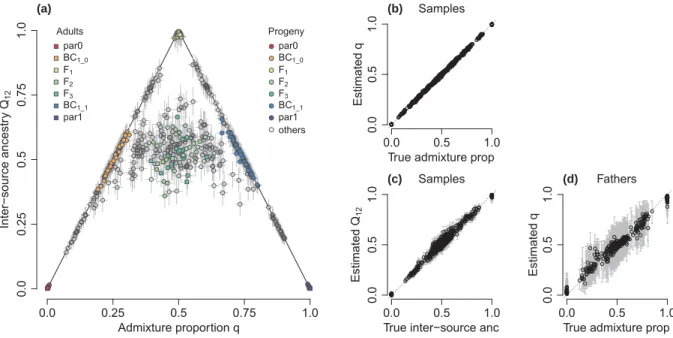 Figure S6: Ancestry estimates for simulated data. The performance of the model and software is shown for sim3 (with F = 0.8 and coverage = 1)