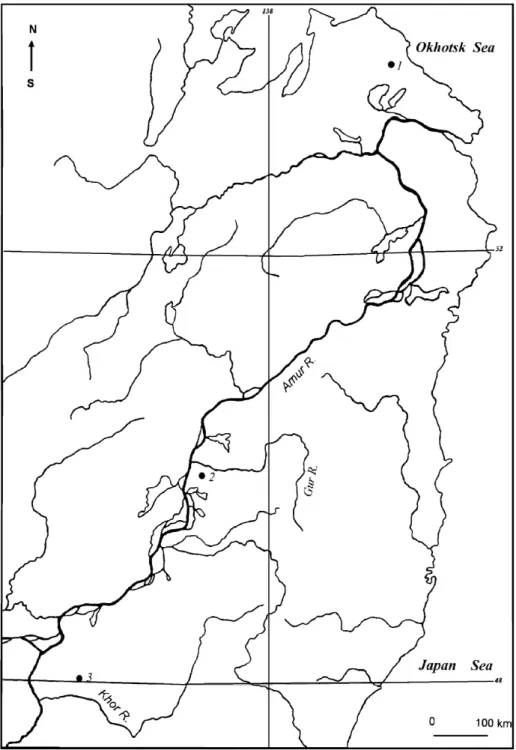 Fig. 1. Study area, showing location of investigated exposures: 1: Tyapka; 2: Gur; 3: Kiya.