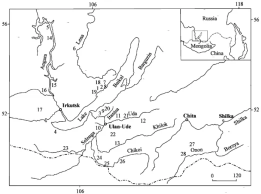 Fig. 1. Sketch map of the main Late Pliocene–Pleistocene localities with mammal faunas of the Baikalian region