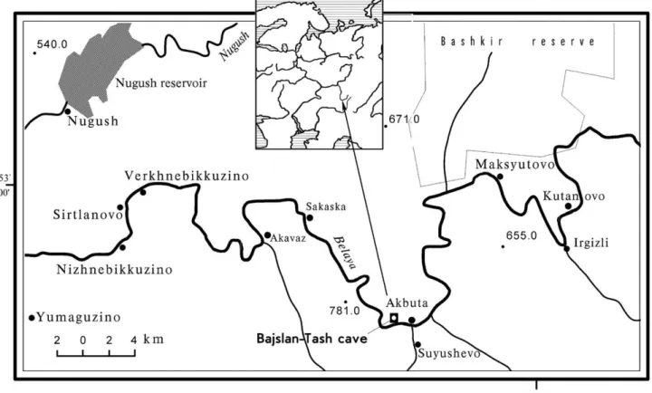 Fig. 1. General scheme of the territory and area map with the location of the Bajslan-Tash cave.