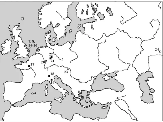 Fig. 3. Map ofthe early Early Pleistocene moose records in Europe. (’) Cervalces carnutorum; ( ) Cervalces cf